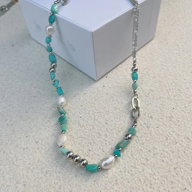 kshmir Natural stone blue crystal necklace baroque natural freshwater pearl niche design feeling fresh clavicle chain women