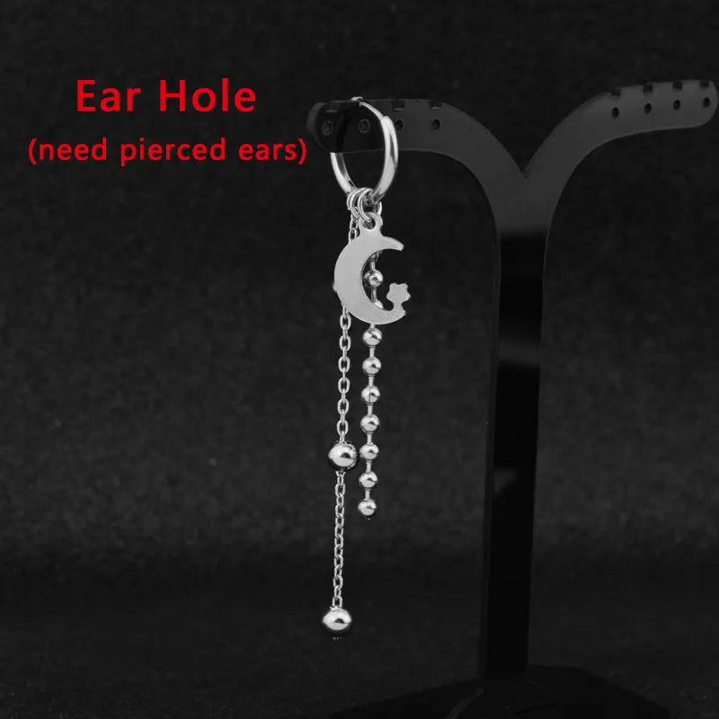 1 PC Boy Korean Punk Stainless Steel Cross Hoop Earring For Men Long Chain Tassel Leaf Moon Rock Hip Hop Piercing Stud Jewelry