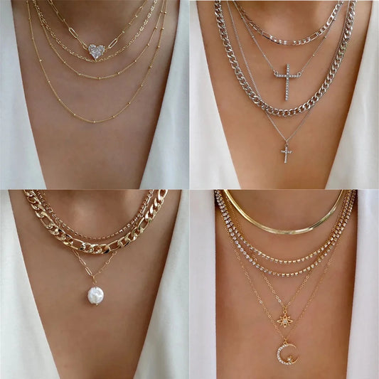 Classic Gold Color Multilayered Necklace for Women Vintage Silver Color Geometric Pendant Necklaces Butterfly Choker Jewelry