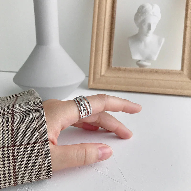 XIYANIKE Silver Color  Rings Creative Multilayer Winding Line Geometric Handmade for Women Couple Size 17.2mm Adjustable