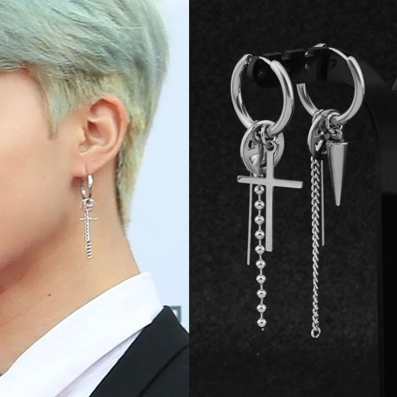 1 PC Boy Korean Punk Stainless Steel Cross Hoop Earring For Men Long Chain Tassel Leaf Moon Rock Hip Hop Piercing Stud Jewelry