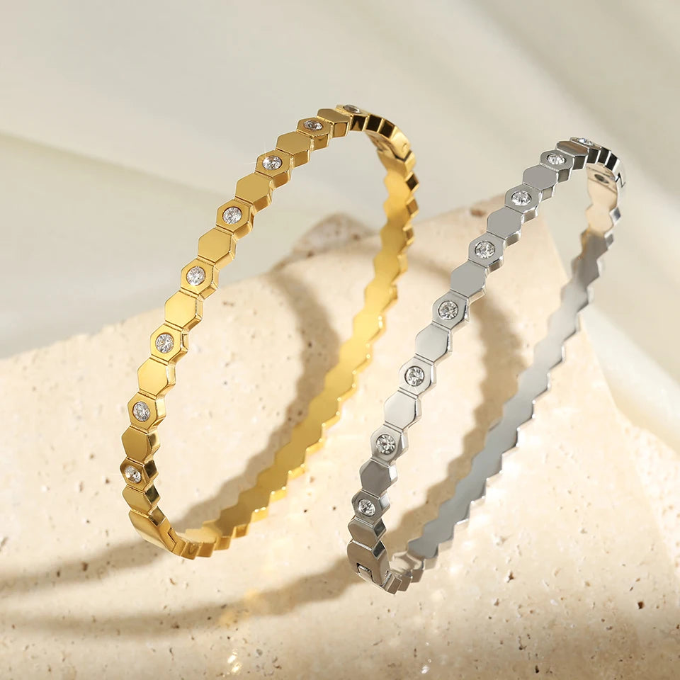 UILZ 316L Stainles Steel Open Hexagon Bracelet For Women High-quality Exquisite Zircon Inlay Simple Not Fading Bracelet Jewelry