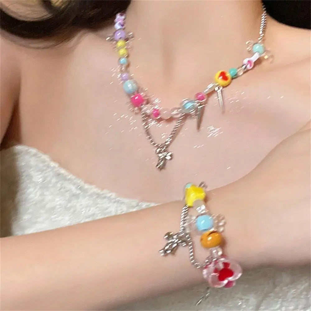Y2k Rainbow Candy Beaded Choker Necklace Women Boho Beads Cherry Pendant Necklaces Vintage Irregular Girl Necklace Jewelry Gifts