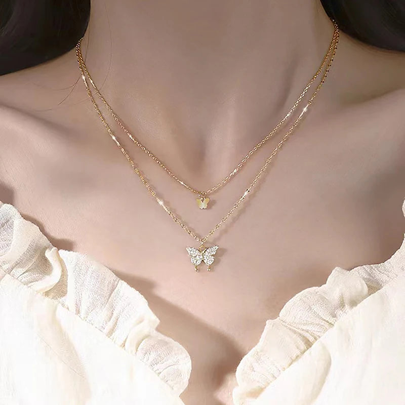 Fashion Shiny Butterfly Necklace Ladies Exquisite Double Layer Clavicle Chain Cool Neck Chain For Women Jewelry Gift