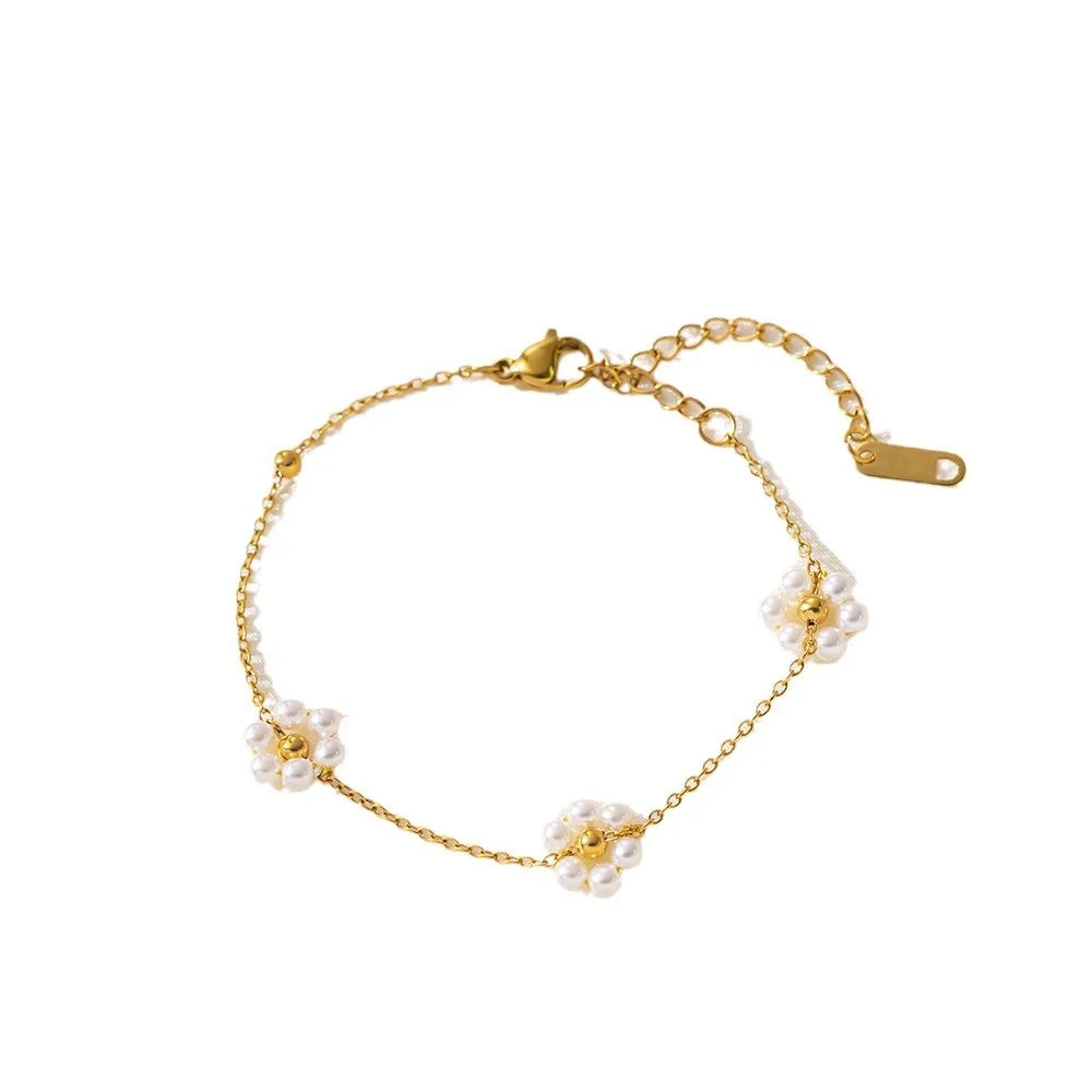 ANENJERY 316L Stainless Steel Imitation Pearl Flower Necklace Bracelet For Women Summer Simple Vintage Jewelry Set