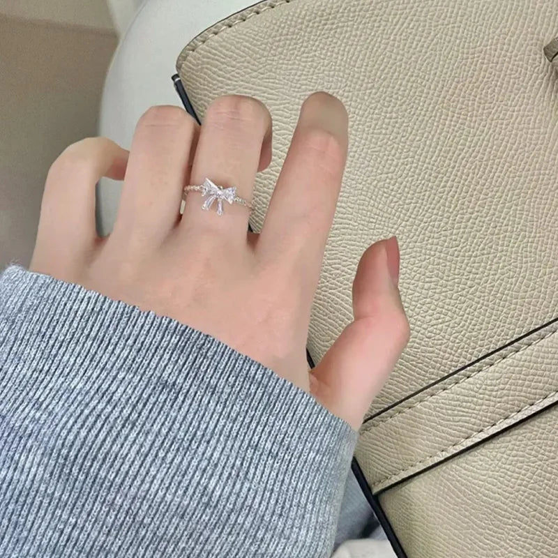 Y2K Sweet Bow Knot Zircon Ring Women Handmade Irregular Design Rings Girls Bow Openning Finger Ring Fashion Jewelry Friend Gifts