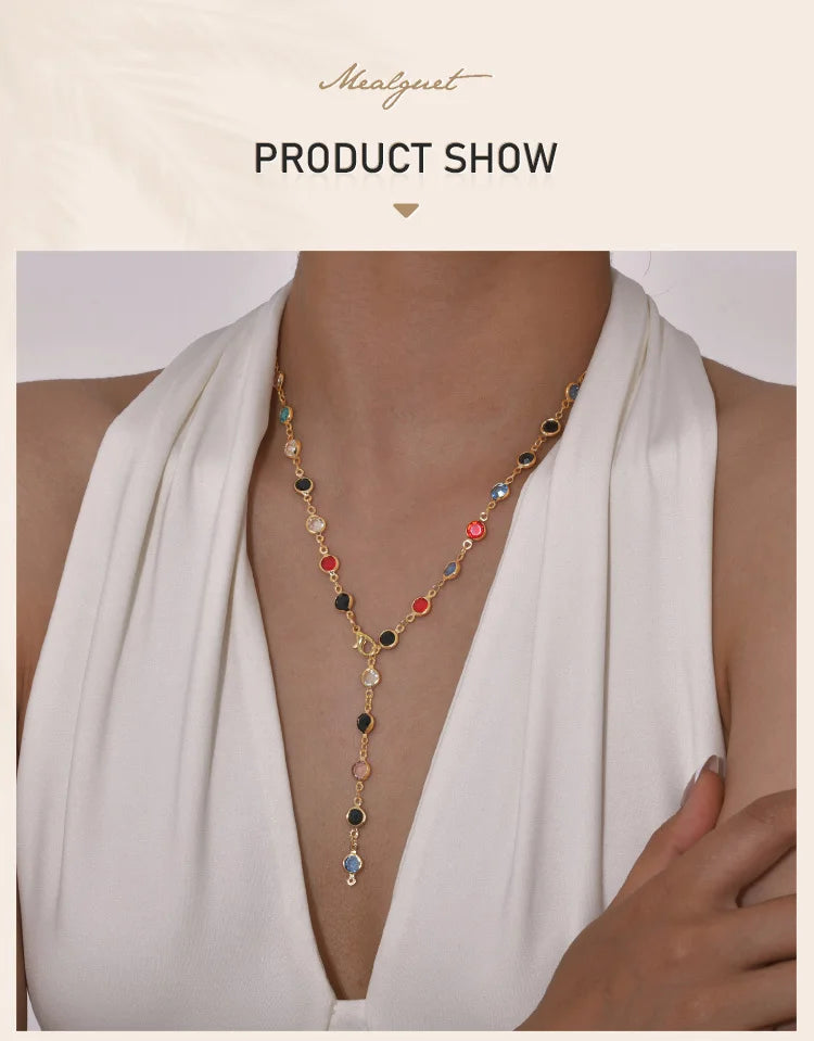 Long Y Shape Necklace, Multicolor Stone Beaded Chain Y2K Necklace for Women, Handmade Boho Summer Jewelry