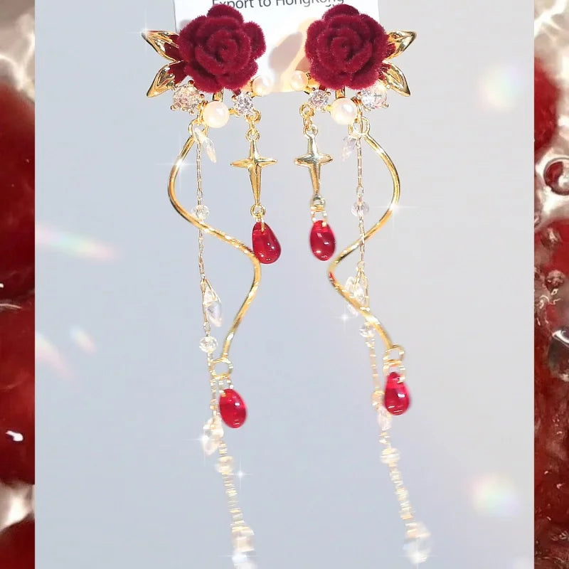 Luxury Crystal Velvet Rose Flower Tassel Earrings for Women Temperament Long Hanging Earring Girls Bridal Party Wedding Jewelry