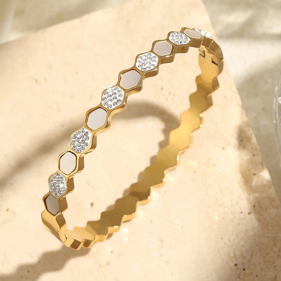 UILZ 316L Stainles Steel Open Hexagon Bracelet For Women High-quality Exquisite Zircon Inlay Simple Not Fading Bracelet Jewelry