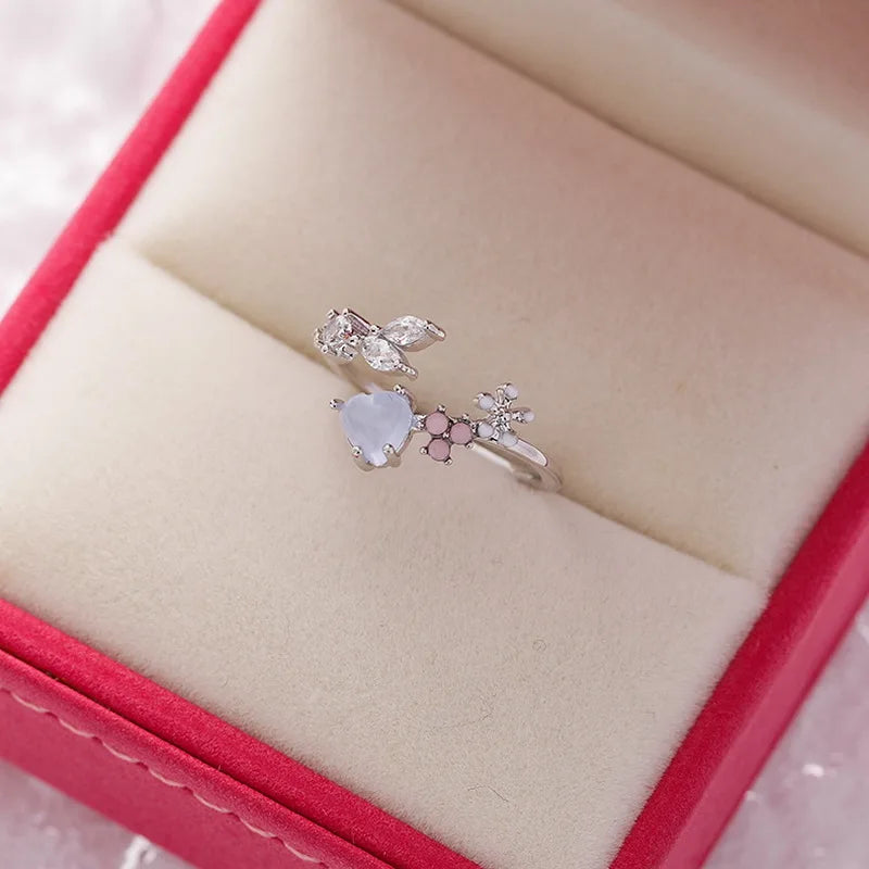 Korean CZ Sweet Crystal Zircon Heart Ring For Women Exquisite Shell Flower Opening Finger Rings Girls Princess Wedding Jewelry