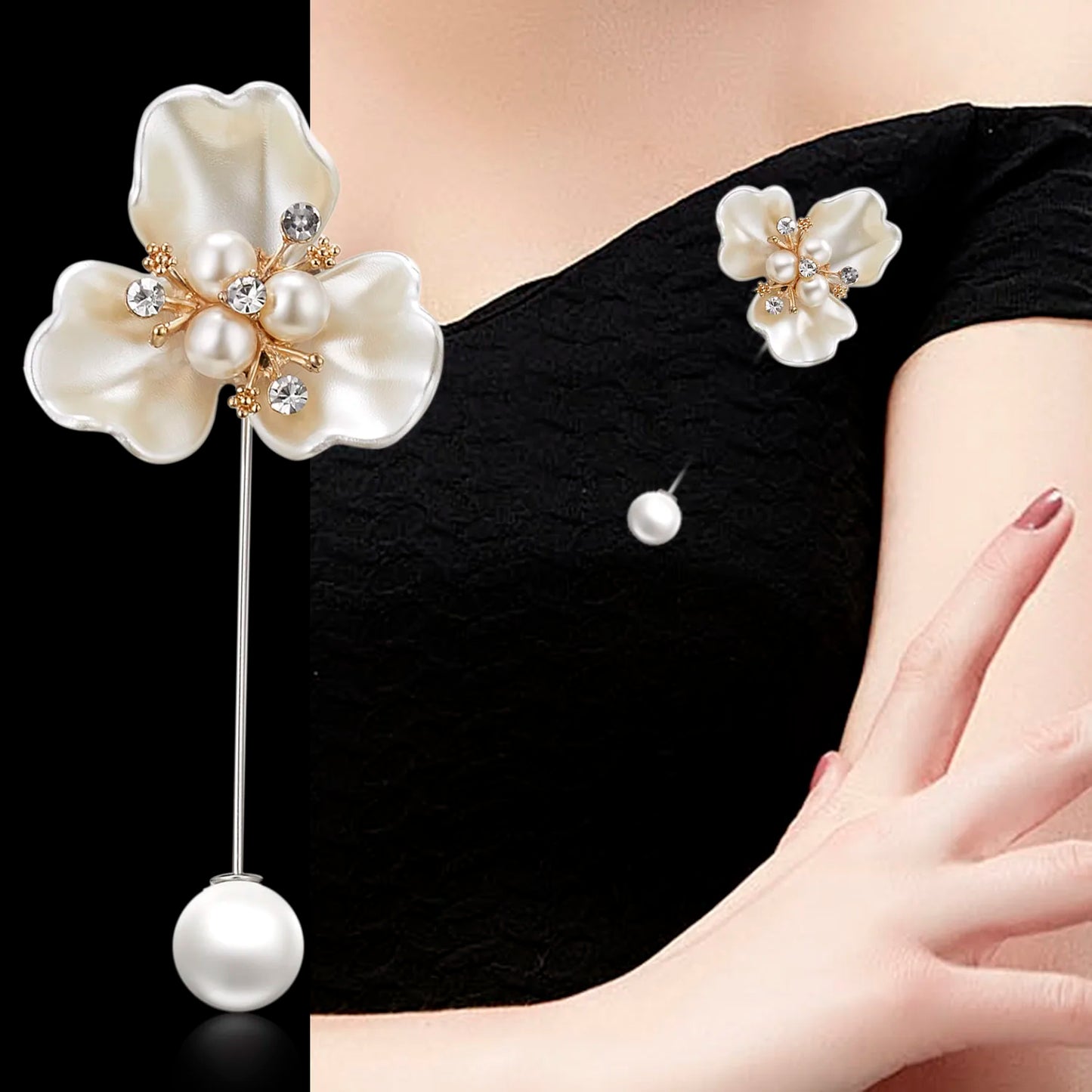 Rinhoo Imitation Pearl Shell Camellia Flower Brooch For Women White Floral Petal Bouquet Long Needle Shirt Collar Lapel Pin Gift