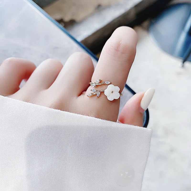 Korean CZ Sweet Crystal Zircon Heart Ring For Women Exquisite Shell Flower Opening Finger Rings Girls Princess Wedding Jewelry
