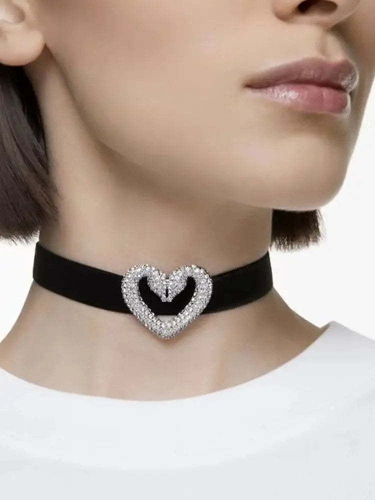 Fashion Y2k Heart Choker Necklace Elastic Rope for Girl Party Gift Romantic Valentine's Day Gift Rhinestone Collar Jewelry Women