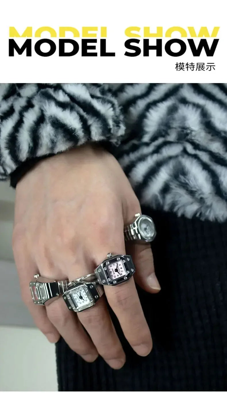 Y2K Punk Quartz Watch Rings for Couple Women Man Hip Hop Mini Elastic Stretchy Watch Finger Ring Retro Fashion Jewelry Gift