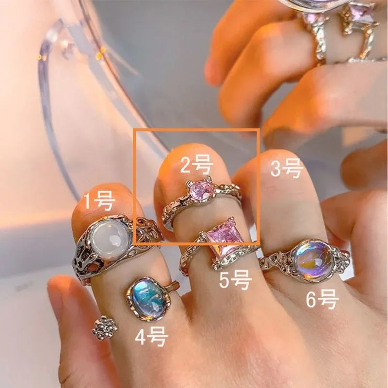 Trendy Y2K Crystal Heart Rings for Women Girls Irregular Adjustable Ring Punk Vintage Rings Set Fashion Party Jewelry Gifts