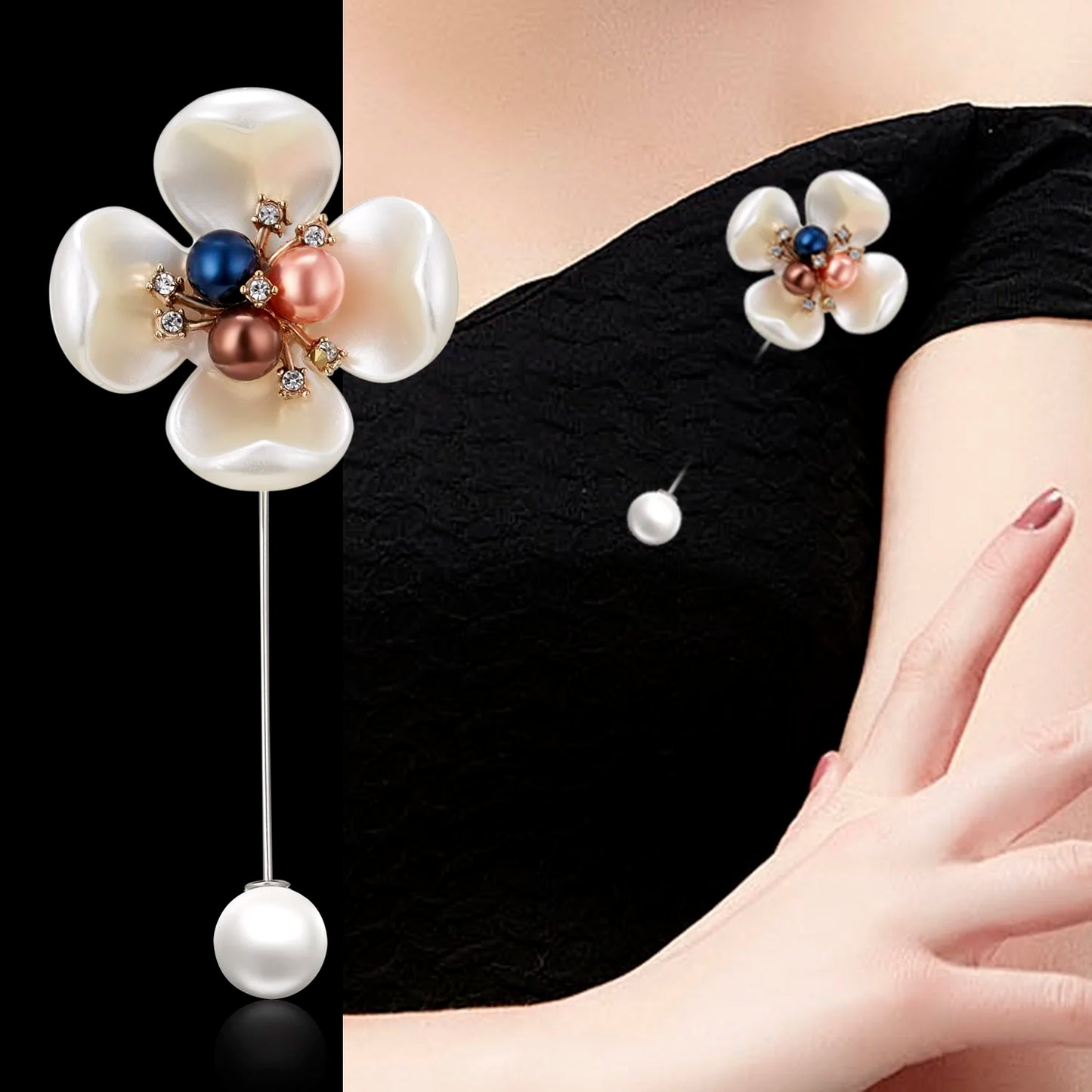 Rinhoo Imitation Pearl Shell Camellia Flower Brooch For Women White Floral Petal Bouquet Long Needle Shirt Collar Lapel Pin Gift