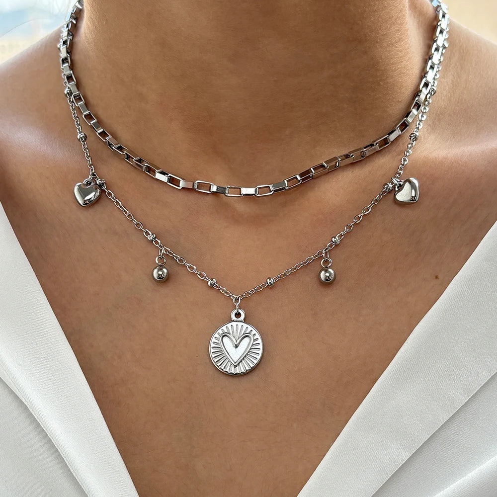 Stainless Steel Necklace Light Luxury Exquisite Peach Heart Double Layer Bone Chain Ladies Jewelry Birthday Anniversary Gift