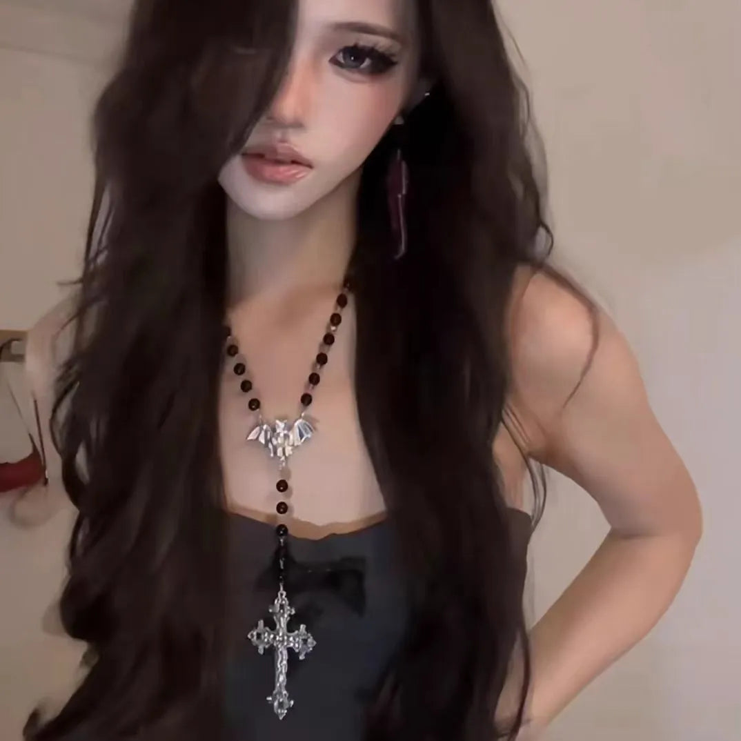 Vintage Fashion Double-layer Flower Necklace Long Stackable Sweater Chain Y2K Style Beaded Geometric Necklace