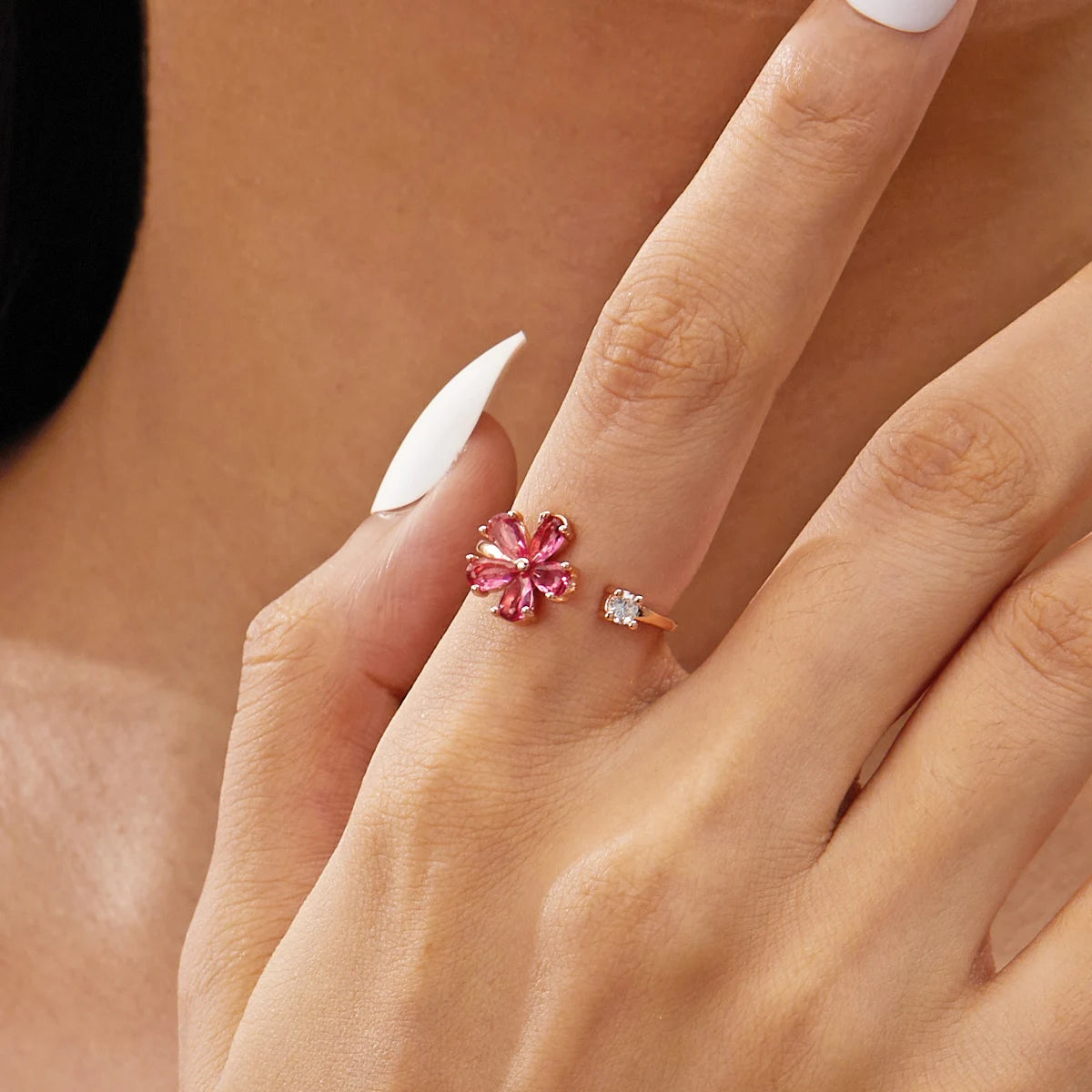 Korean CZ Sweet Crystal Zircon Heart Ring For Women Exquisite Shell Flower Opening Finger Rings Girls Princess Wedding Jewelry