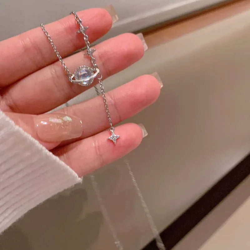 Y2K Shiny Star Necklace for Women Girls Silver Color Crystal Pendant Clavicle Chain Necklace Set Fashion New Trendy Party