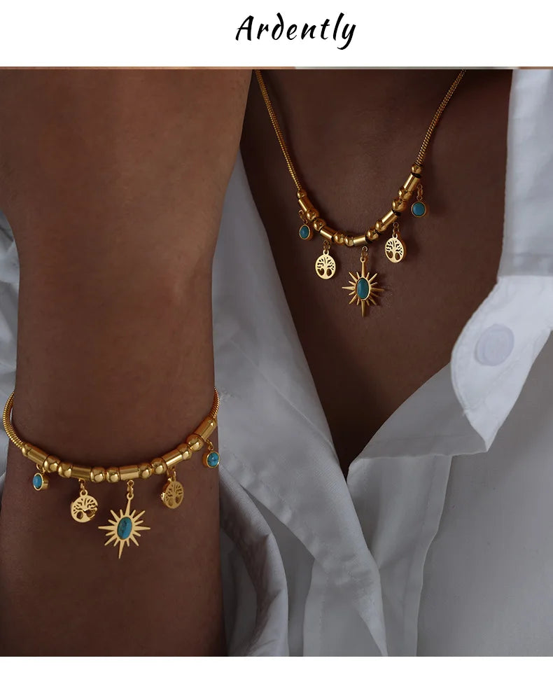 Fashion Stainless Steel Gilded Bracelet Necklace Set Woman 2 Pieces Luxury Bridal Wedding  Jewelry Accessories