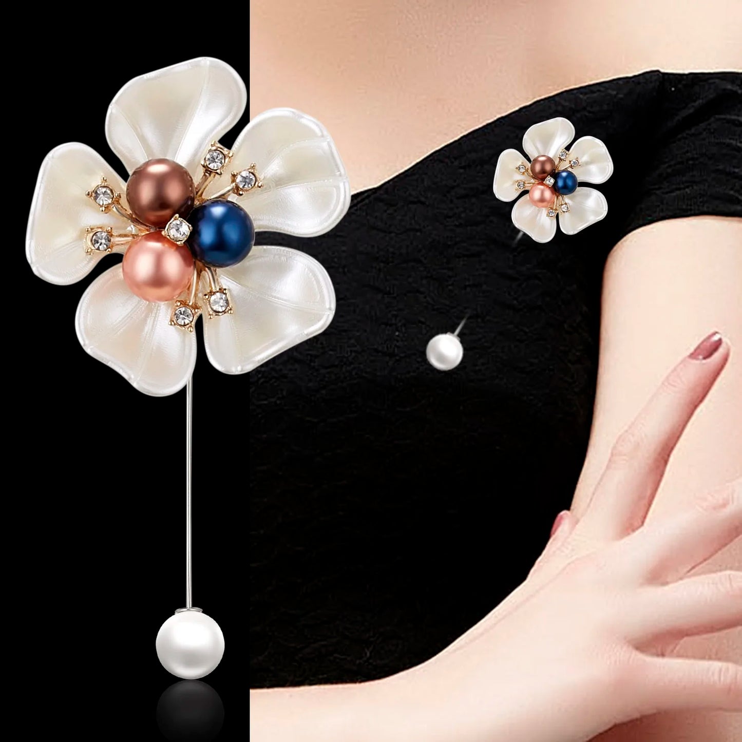 Rinhoo Imitation Pearl Shell Camellia Flower Brooch For Women White Floral Petal Bouquet Long Needle Shirt Collar Lapel Pin Gift