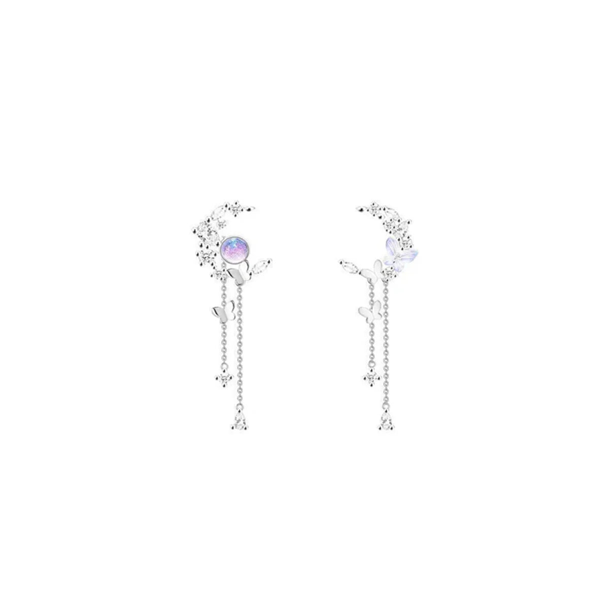 Korean Exquisite Planet Moon Butterfly Tassel Earrings for Women Sparkling Crystal Asymmetrical Drop Earrings Girl Party Jewelry