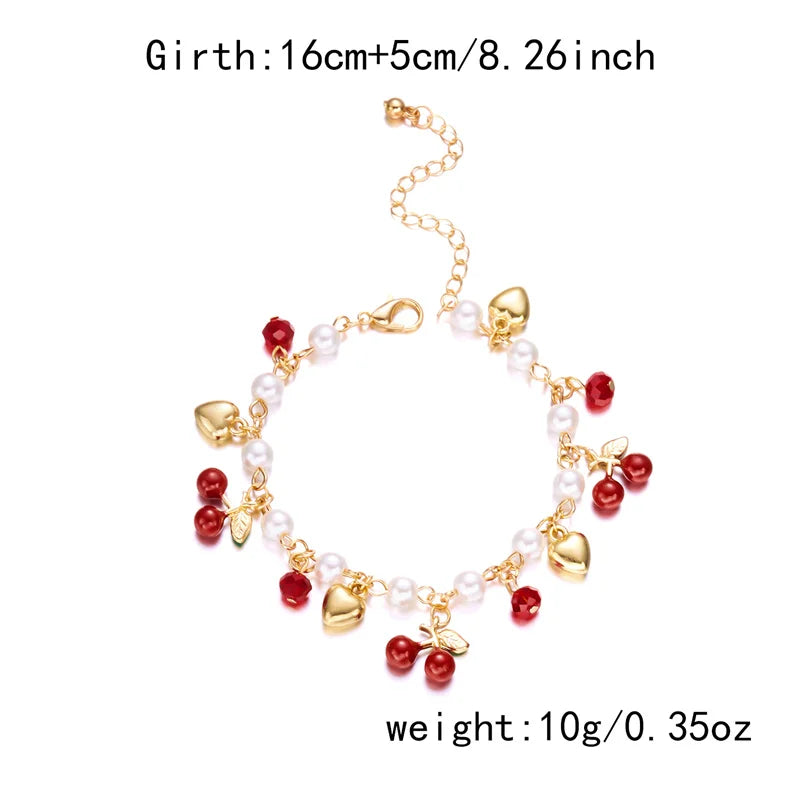 Sweet Cute Red Strawberry Cherry Heart Pearl Charm Bracelet New Fashion Y2K Fruit Gold Color Chain Jewelry Party Gifts 2025