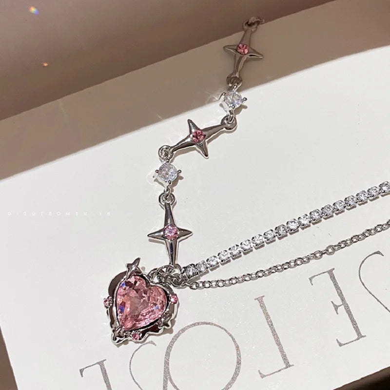 Y2k Heart Star Pendant Necklace Women's Fashion Cool Silver Color Chain Necklace Rhinestone Clavicle Chain Daily Jewlery Gifts