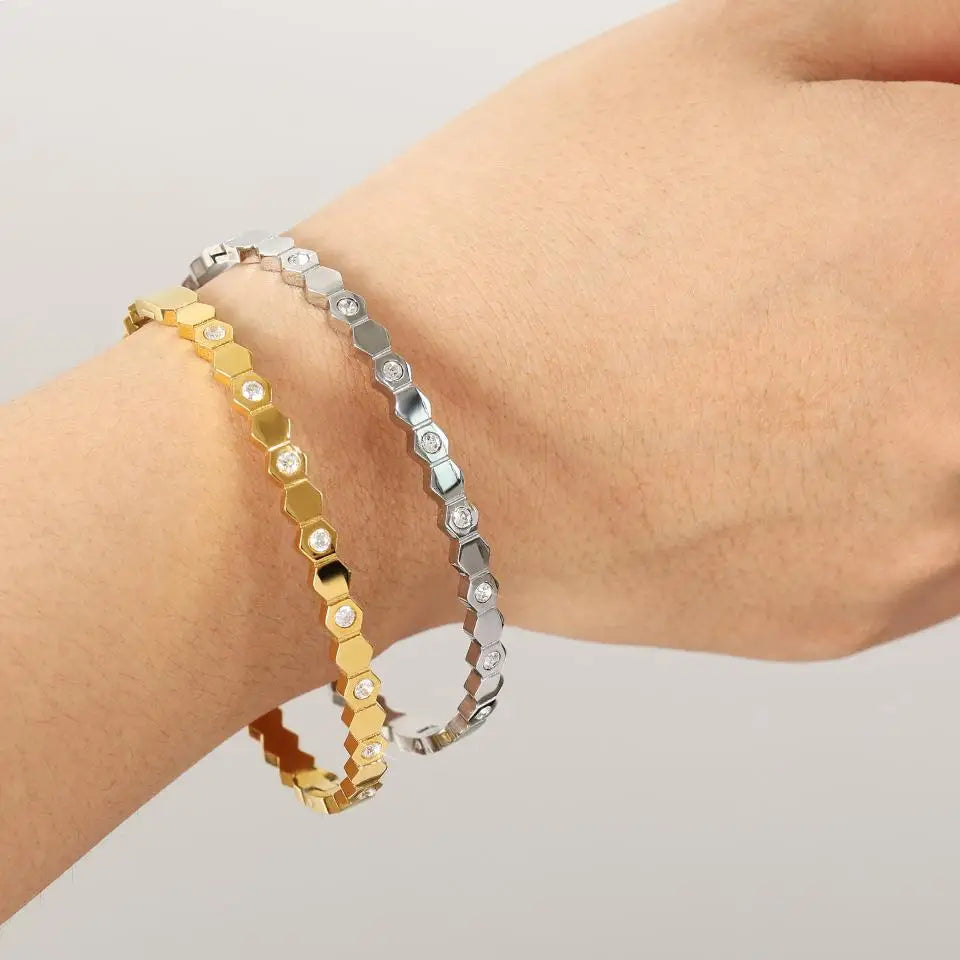 UILZ 316L Stainles Steel Open Hexagon Bracelet For Women High-quality Exquisite Zircon Inlay Simple Not Fading Bracelet Jewelry