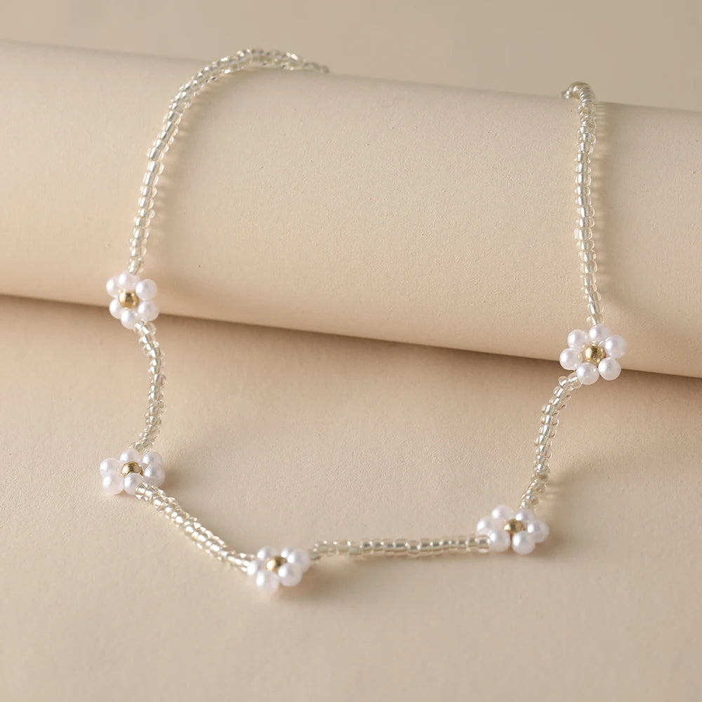 Y2K Flowers Charms Pearl Choker Necklace For Women Boho Colorful Beaded Clavicle Chain Short Necklaces Jewelry Gift 2024