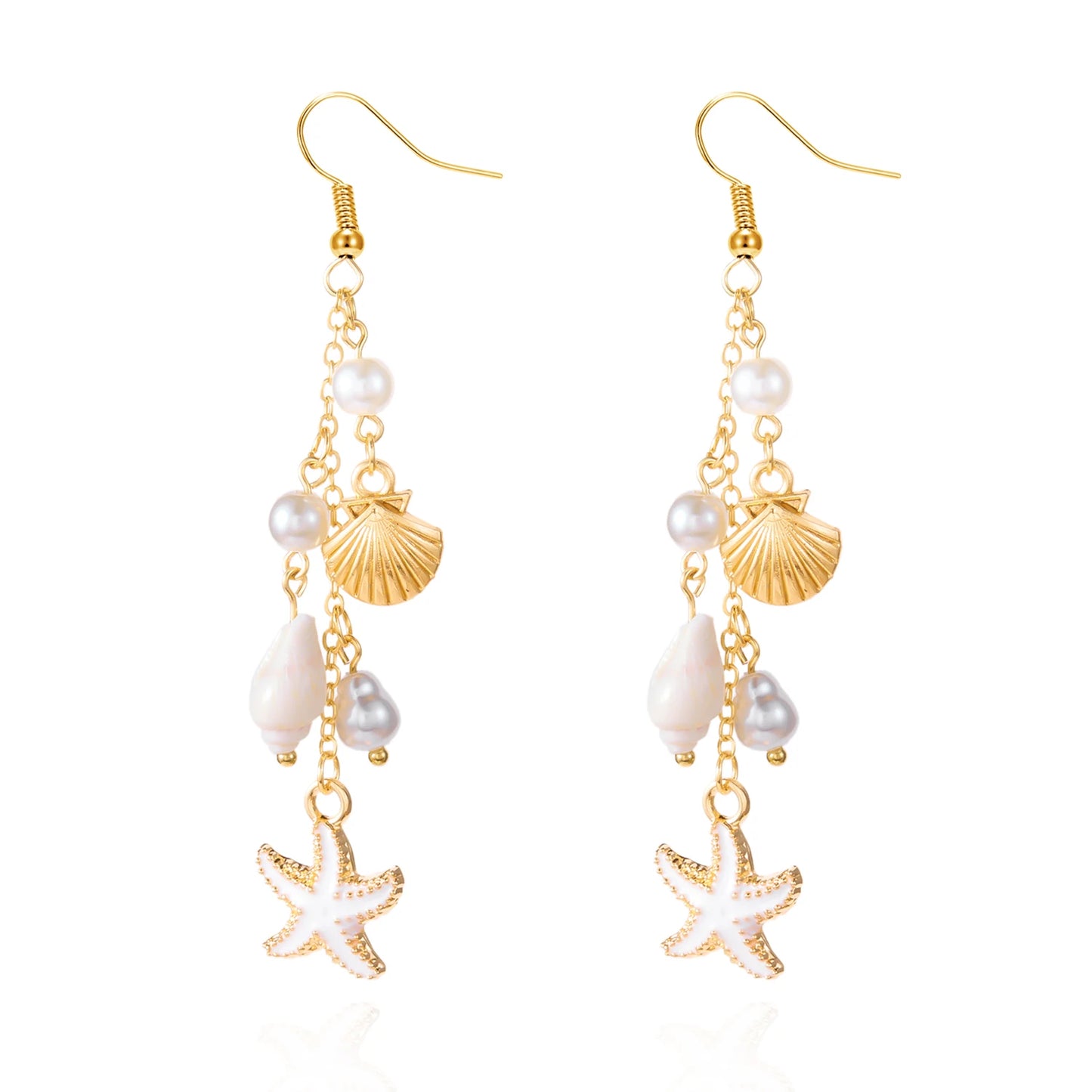 Fashion Ocean Style Shell Starfish Drop Earrings For Women Boho Retro Enamel Seashell Conch Dangle Earrings Beach Party Jewelry