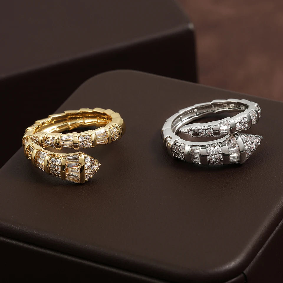 ZAKOL Hot Sale Snake Bone Zircon Open Rings for Women Niche Design Shiny Cubic Zirconia Couple Luxury Jewelry Gifts