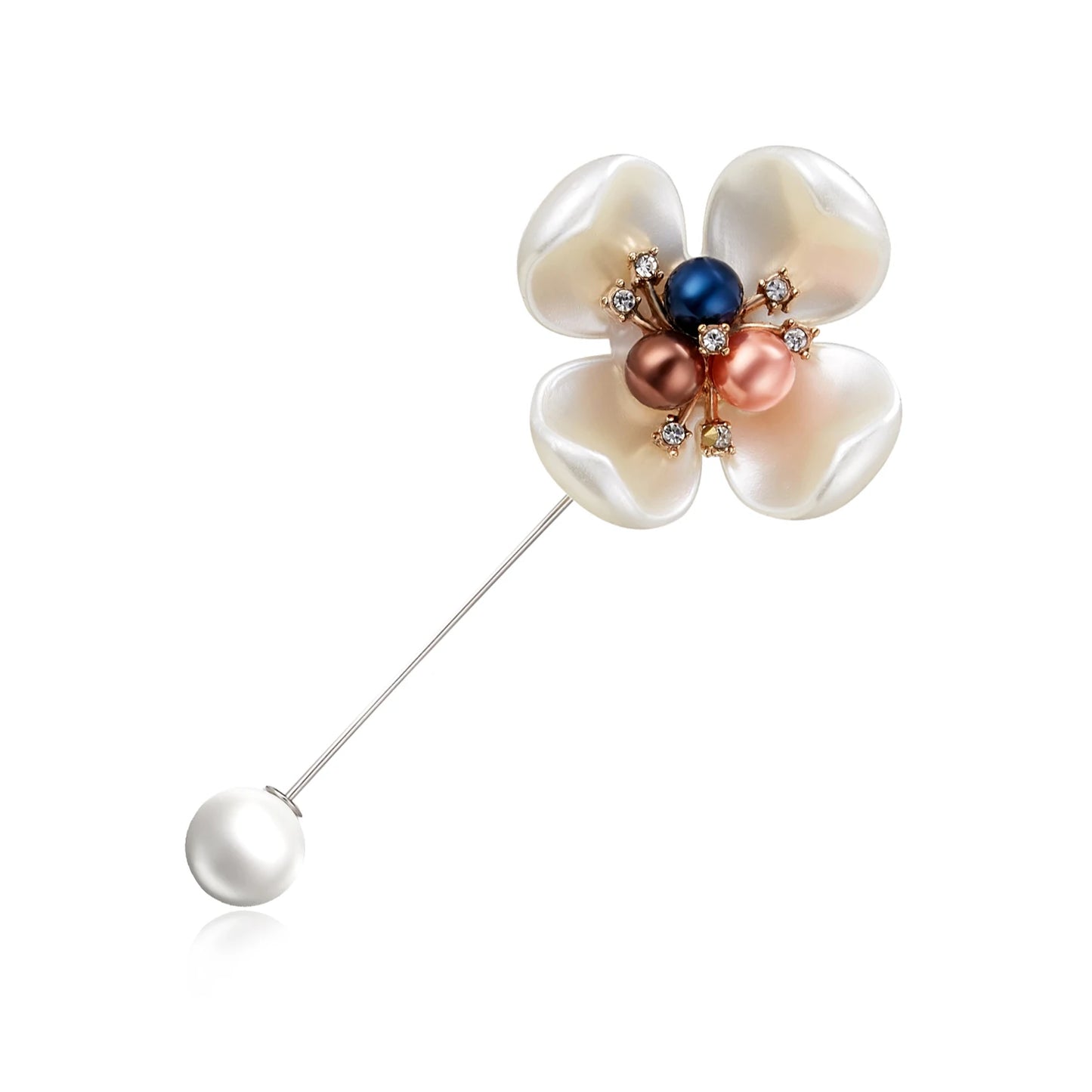 Rinhoo Imitation Pearl Shell Camellia Flower Brooch For Women White Floral Petal Bouquet Long Needle Shirt Collar Lapel Pin Gift