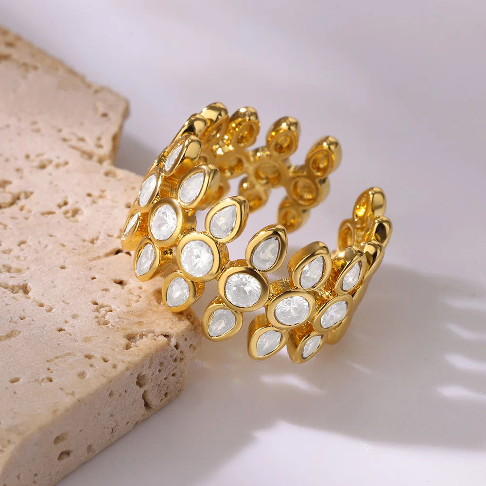 Zircon Cristal Geometric Rings For Women Stainless Steel Gold Color Adjustable Finger Ring Trendy Wedding Luxury Jewerly Gift
