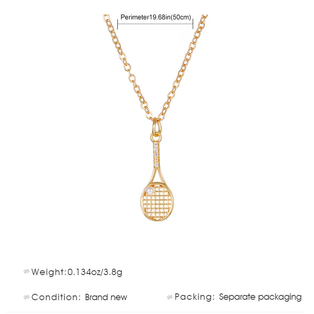 Trendy Tennis Racket Necklace for Women Girls Fashion Zircon Pearl Tennis Ball Pendant Clavicle Chain Jewelry Accessories Gifts