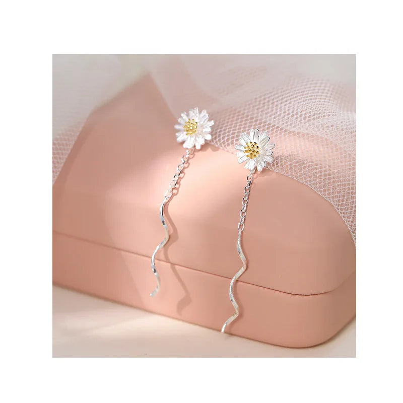 Silver Color Trend Daisy Flower Long Wire Tassel Thread Hanging Earrings For Women Crystal Zircon Piercing Earring Girl Jewelry