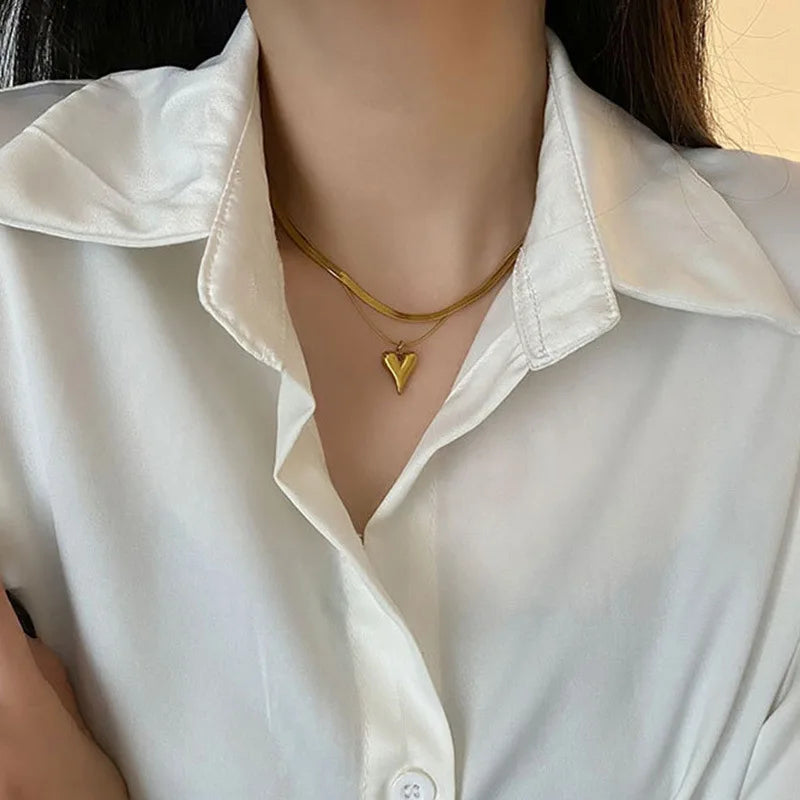 Y2k Stainless Steel Heart Pendant Bead OT Clasp Necklace For Women Men Fashion Geometric Charm Necklace Party Jewelry Gifts