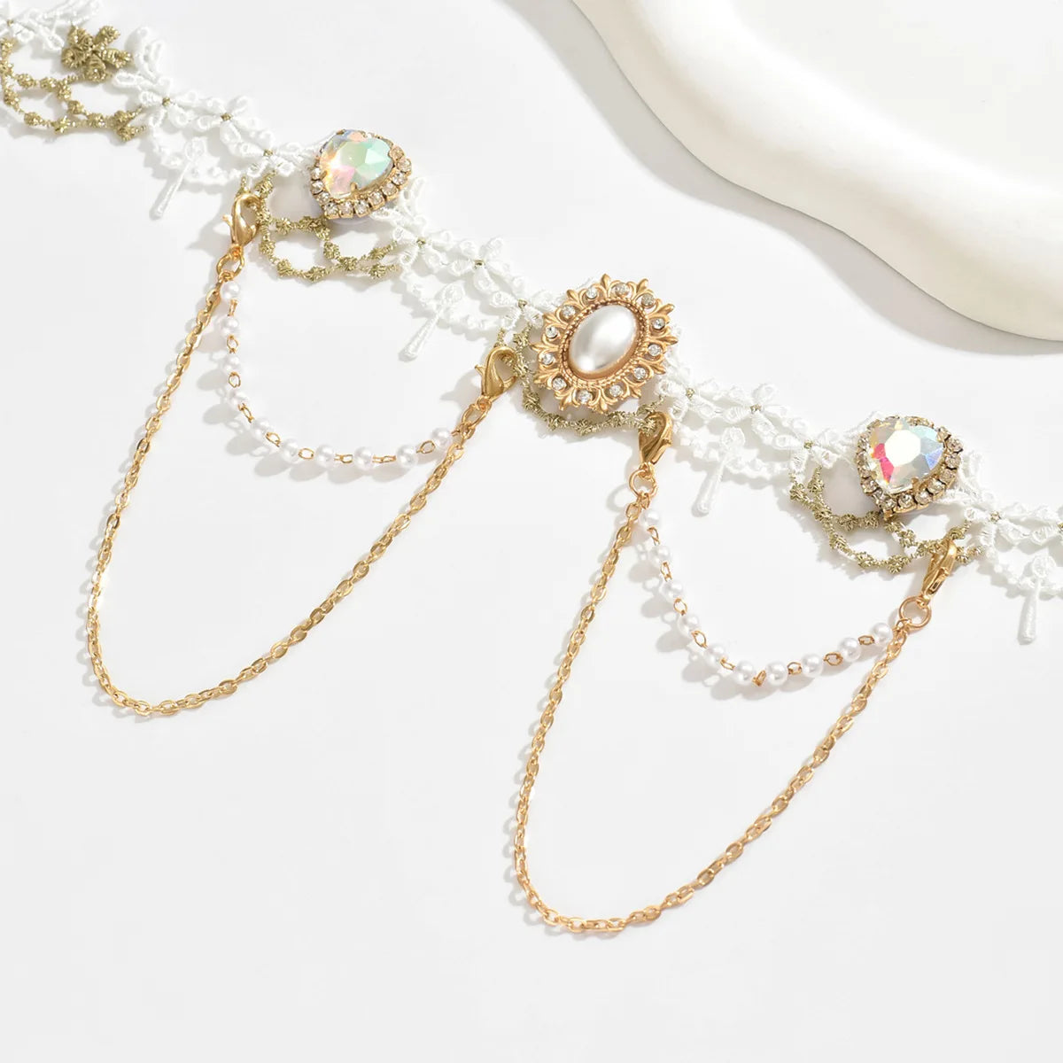 Women's New Necklace Lolita White Lace Necklace, Pearl Tassel Rhinestone Necklace Collar Sweet Cool Fashion Necklaces Girls Gift