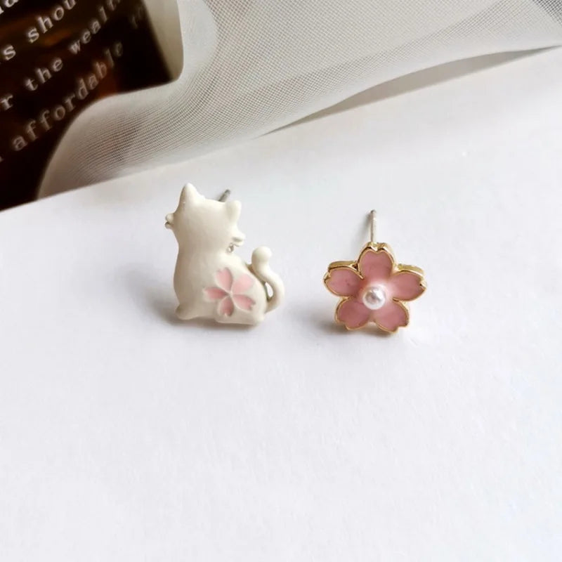 Kids Asymmetric Animal Cat Love Heart Earrings Lovely Grey Mouse&Cheese Rabbit&Flower Ear Stud Earrings Student Jewelry Gifts
