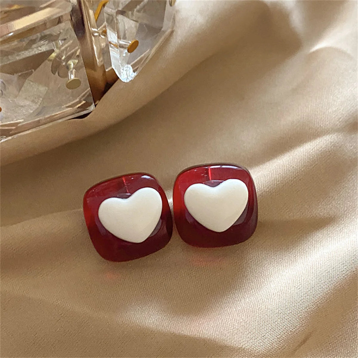 Vintage Trendy Red Enamel Geometric Round Heart Stud Earrings For Women Light Luxury Imitation Pearl Square Oval Earring Jewelry