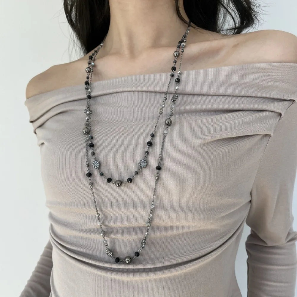 Vintage Fashion Double-layer Flower Necklace Long Stackable Sweater Chain Y2K Style Beaded Geometric Necklace