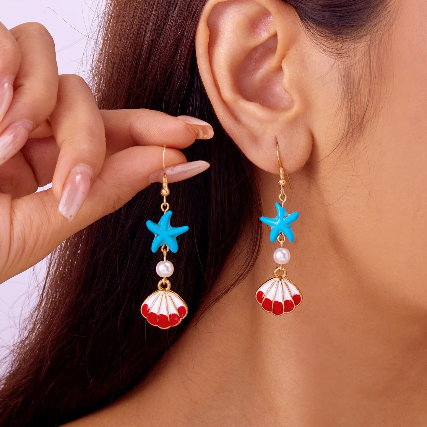 Fashion Ocean Style Shell Starfish Drop Earrings For Women Boho Retro Enamel Seashell Conch Dangle Earrings Beach Party Jewelry