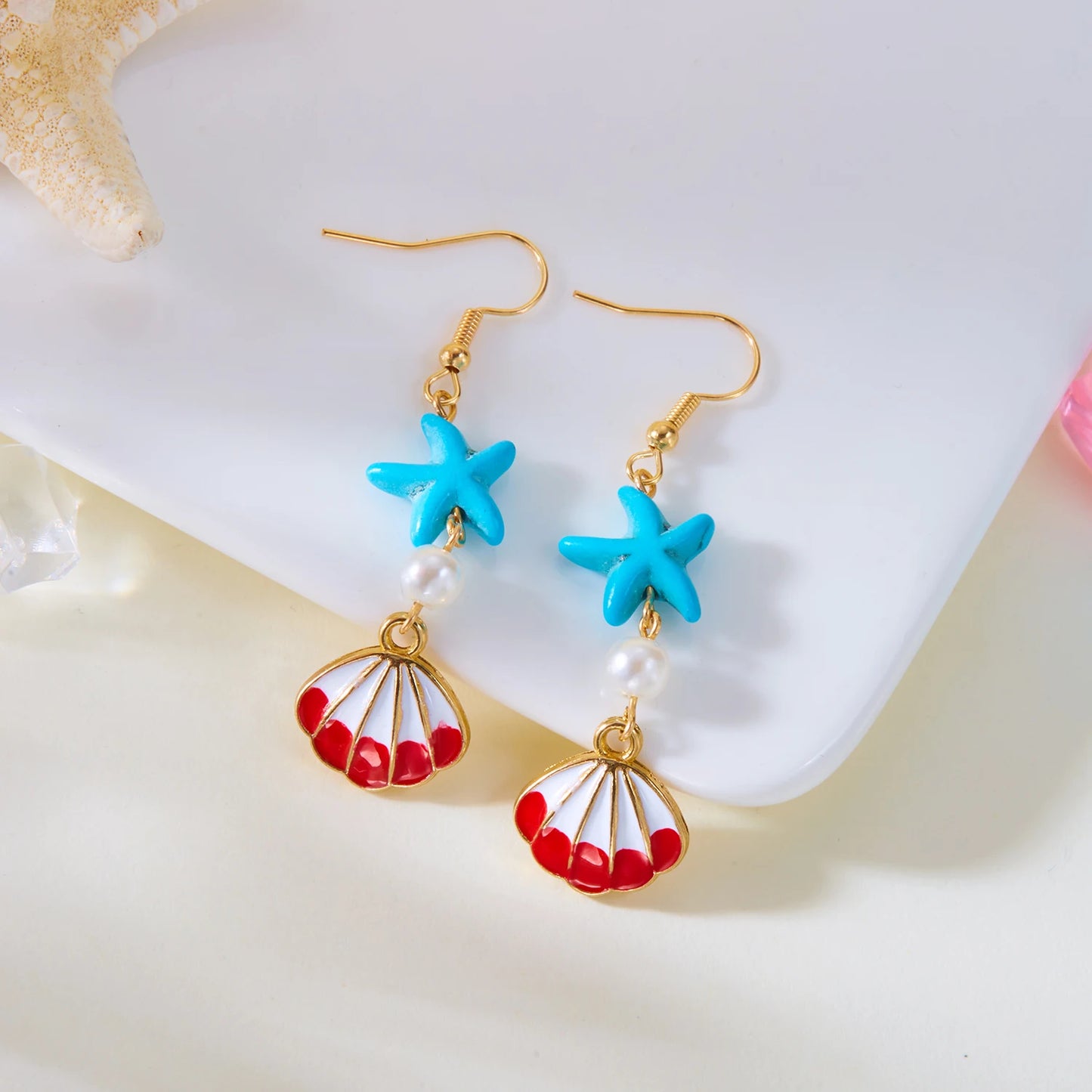 Fashion Ocean Style Shell Starfish Drop Earrings For Women Boho Retro Enamel Seashell Conch Dangle Earrings Beach Party Jewelry