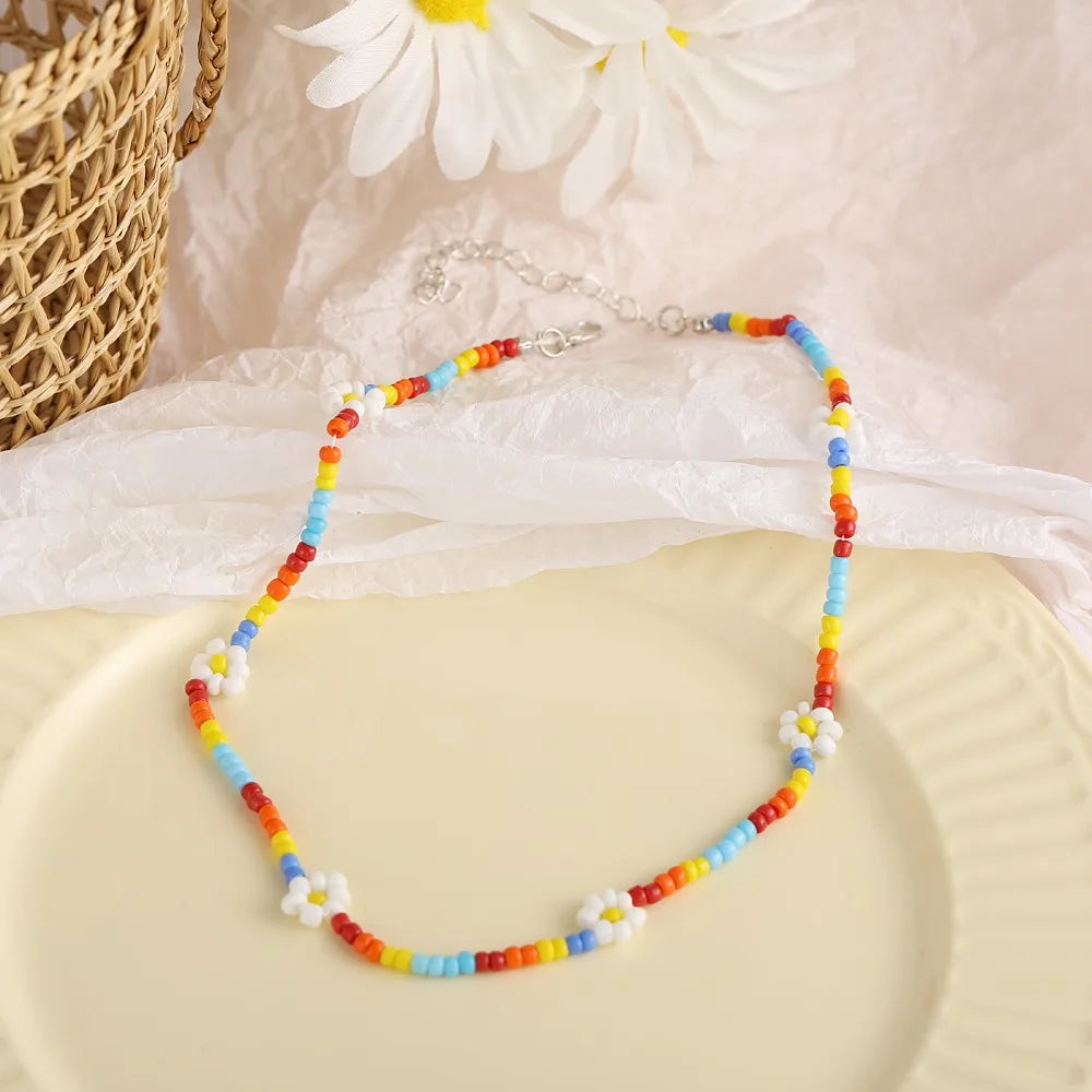 Y2K Flowers Charms Pearl Choker Necklace For Women Boho Colorful Beaded Clavicle Chain Short Necklaces Jewelry Gift 2024