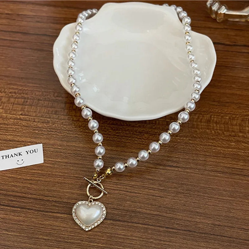 Elegant Pearl Necklace For Women Heart Pendant Necklaces Luxury Imitation Pearls Chain Necklaces Korean Jewelry Girls Gifts