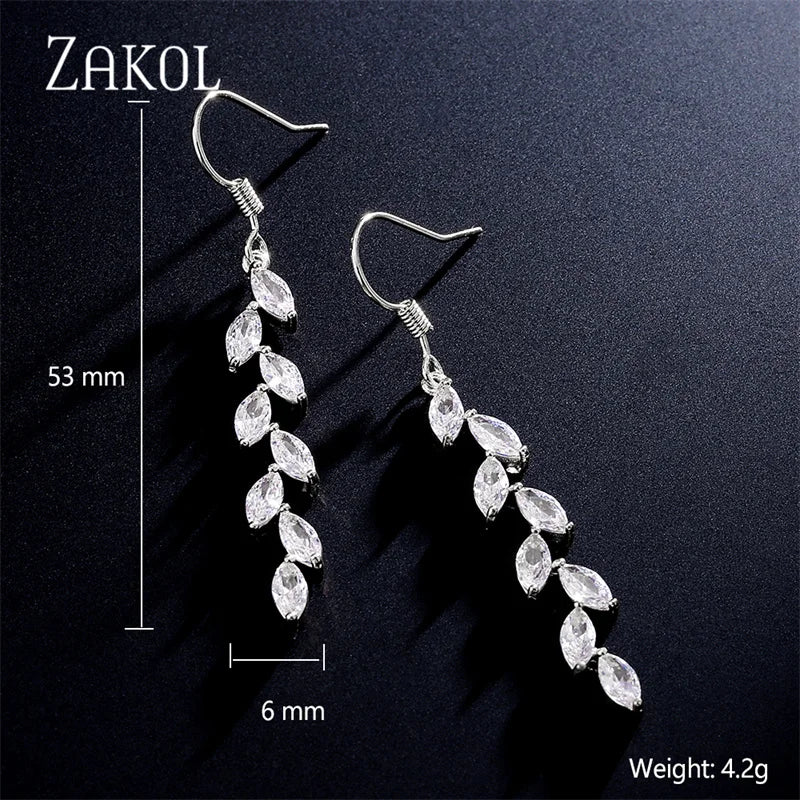 ZAKOL Fashion Leaf Zircon Wedding Earrings for Women White Gold Color Marquise Crystal Bridal Earring Party Jewelry Gift