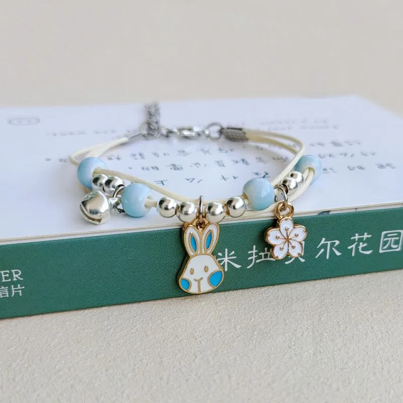 Korean Rabbit Flower Rope Bracelet for Women Girls Fashion Woven String Bell Heart Airplane Beads Friendship Party Jewelry Gifts