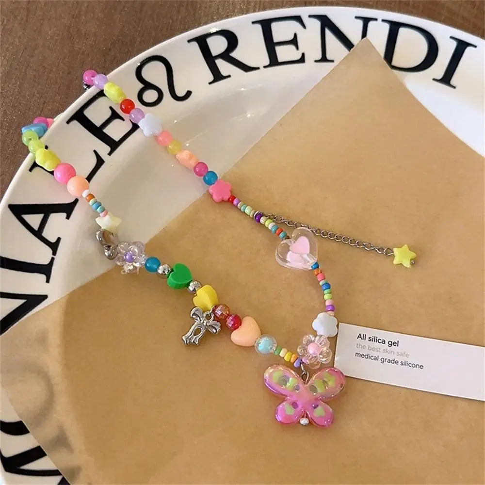 Y2k Rainbow Candy Beaded Choker Necklace Women Boho Beads Cherry Pendant Necklaces Vintage Irregular Girl Necklace Jewelry Gifts