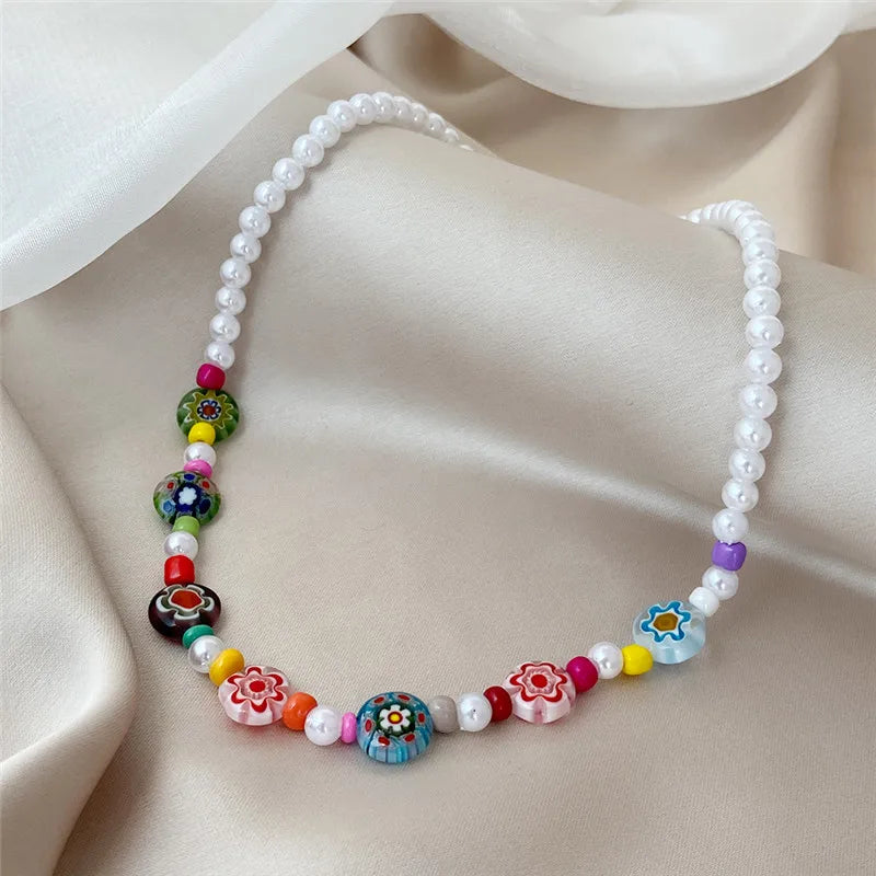 Y2K Flowers Charms Pearl Choker Necklace For Women Boho Colorful Beaded Clavicle Chain Short Necklaces Jewelry Gift 2024